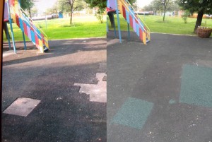 Покрытие на детской площадке до и после замены  